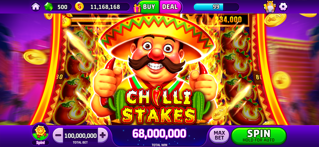 Mexican themed Chilli Stakes slot machine in Woohoo Slots Casino Games app