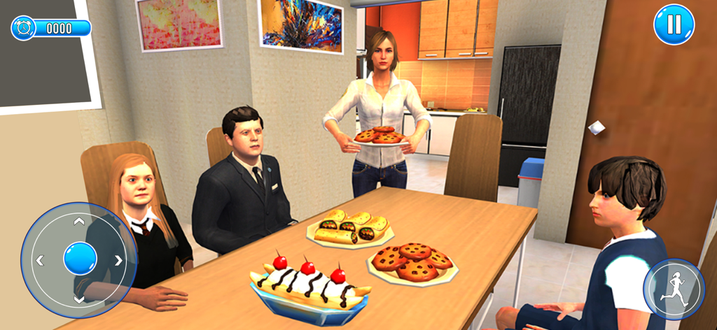 Happy Family Life: Mother Sim - Madre virtual sirviendo galletas y bocadillos a su familia en la mesa del comedor en Happy Family Life Mother Sim.