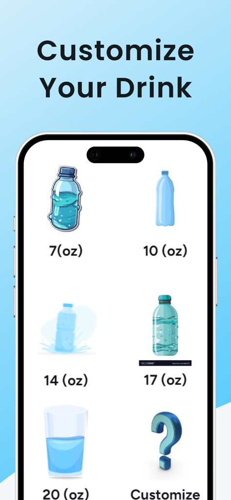 Water Tracker ・ Drink Reminder - Interfaz de la aplicación Rastreador de Agua que muestra opciones para personalizar los tamaños de bebida con diferentes iconos de botellas de agua