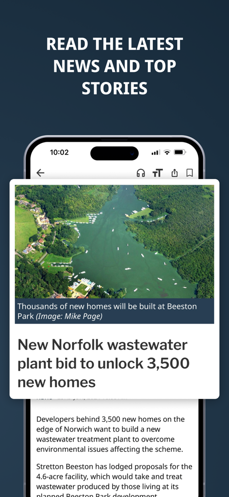Mobile screenshot of the Eastern Daily Press app showing a local news story about housing developments in Norfolk.