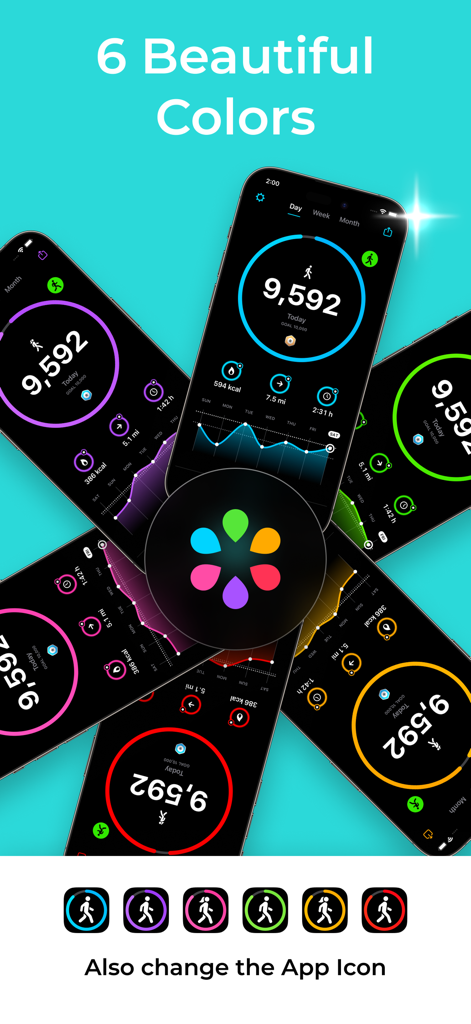 StepsApp interface showing six different color themes and customizable app icons