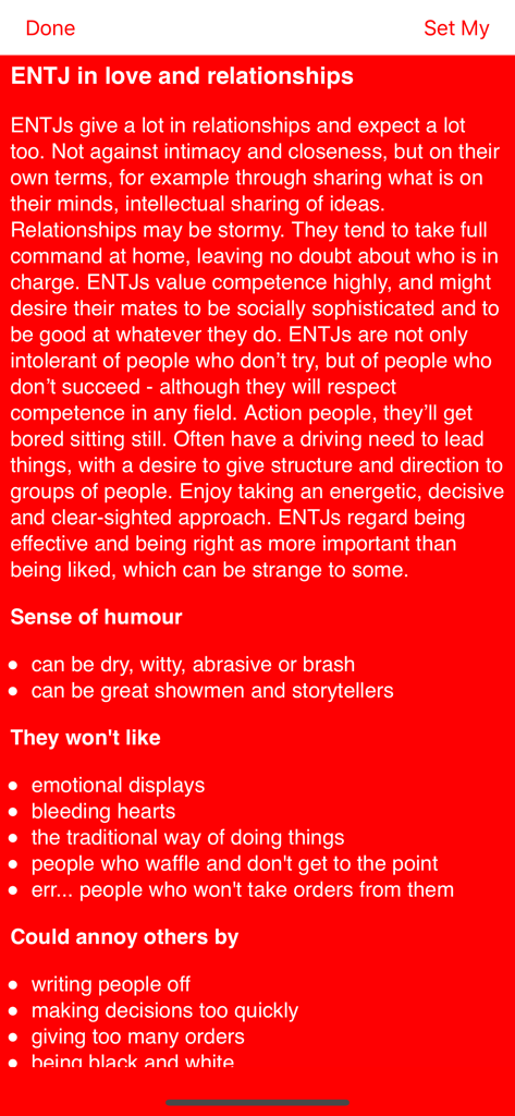 Relationship profile for ENTJ personality type in the Date Mate app