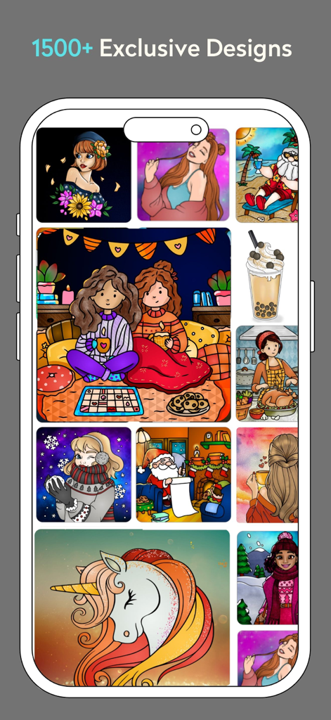 Adult Coloring Book: Chroma - Uma galeria exibindo uma grande variedade de mais de 1500 designs de colorir exclusivos no aplicativo Chroma