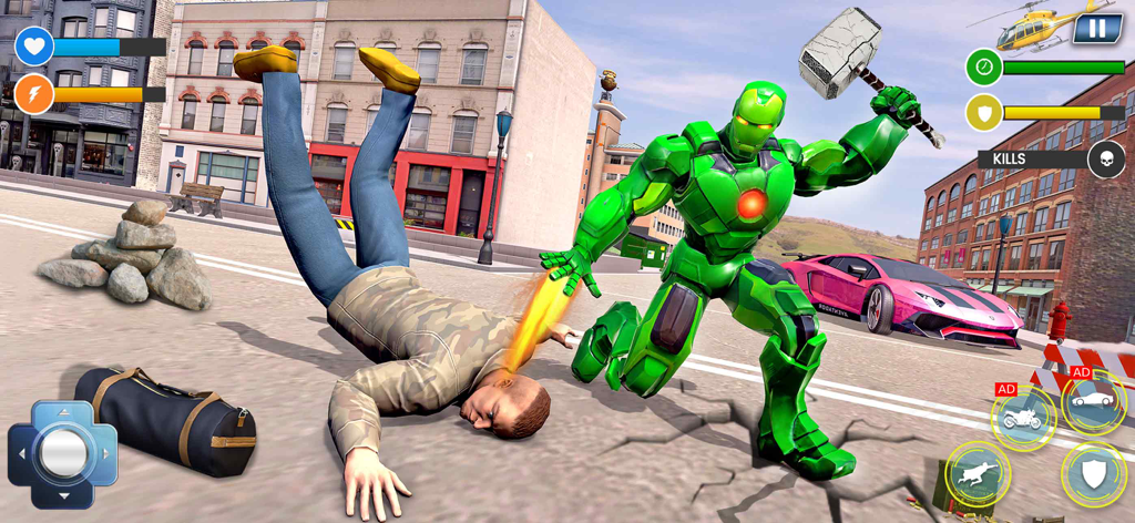 Un superhéroe robot verde luchando contra un gánster en una calle de la ciudad con un coche deportivo rosa y un helicóptero cerca.