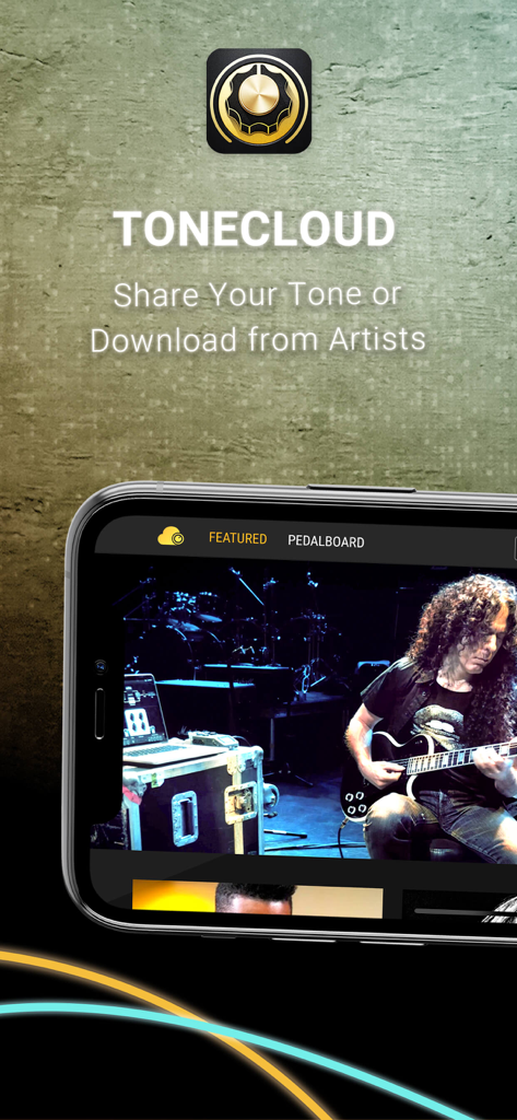 Un smartphone que muestra la aplicación BIAS FX 2 con su función ToneCloud para compartir y descargar tonos de guitarra de artistas.
