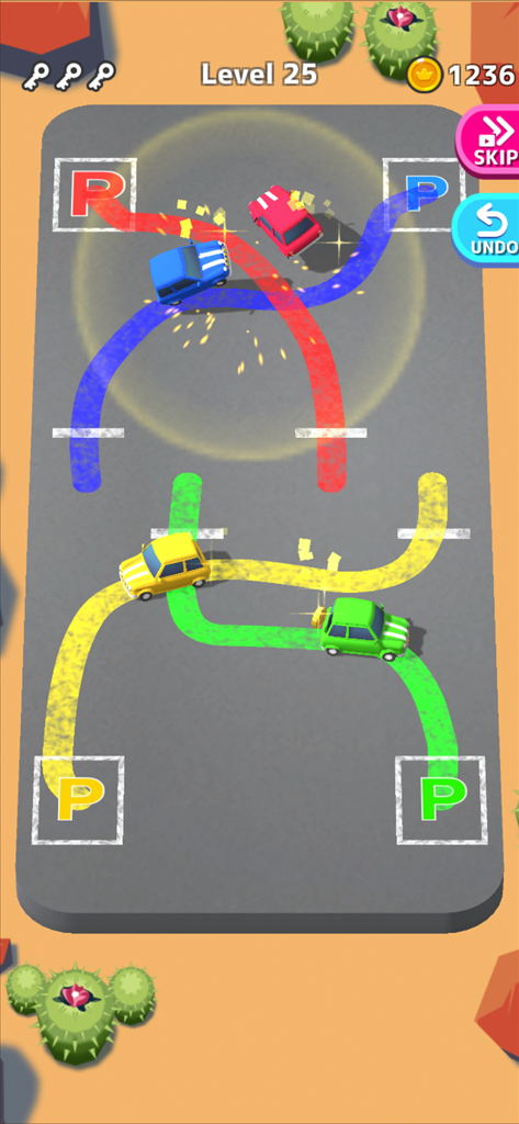 Park Master - Écran du jeu mobile Park Master montrant des voitures suivant des lignes colorées vers des places de stationnement correspondantes