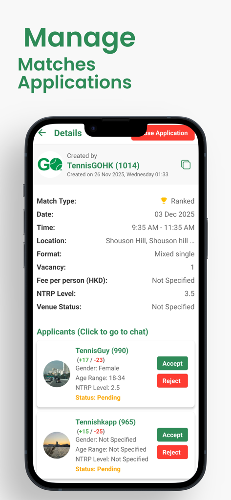 TennisGO HK - Interfaz de la app TennisGO HK para gestionar solicitudes de partidos de tenis con detalles sobre nivel NTRP y ubicación.