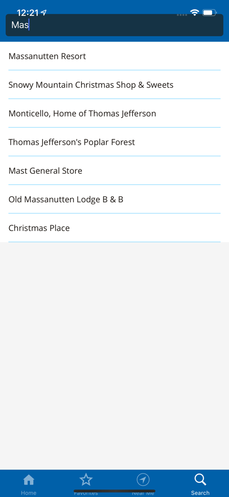 블루리지 Pkwy 여행 플래너 앱의 검색 인터페이스로, 지역 명소 및 숙박 시설을 보여줍니다.