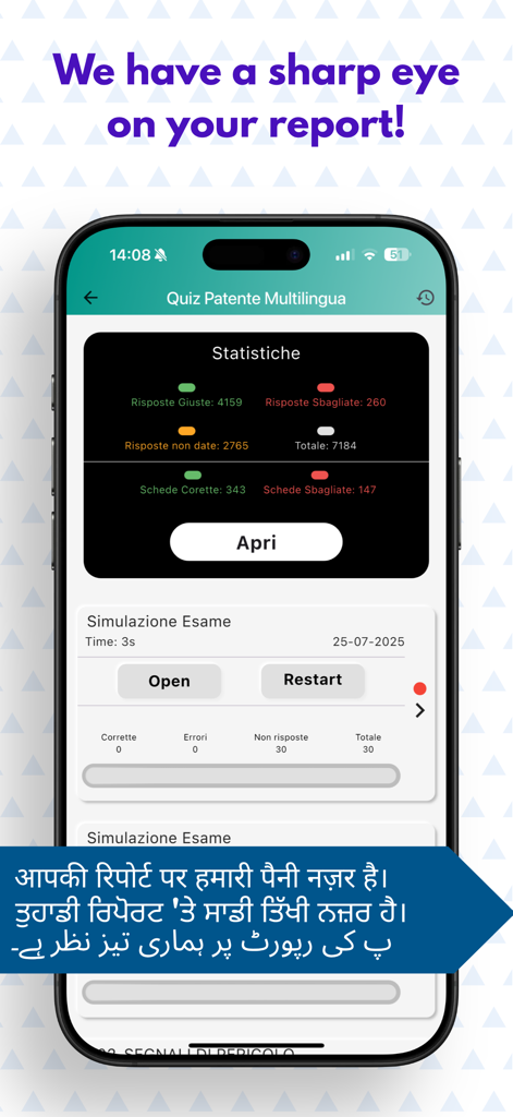 Quiz Patente Multilingua 2026 - Estadísticas e informe de simulación de examen en la aplicación Quiz Patente Multilingua