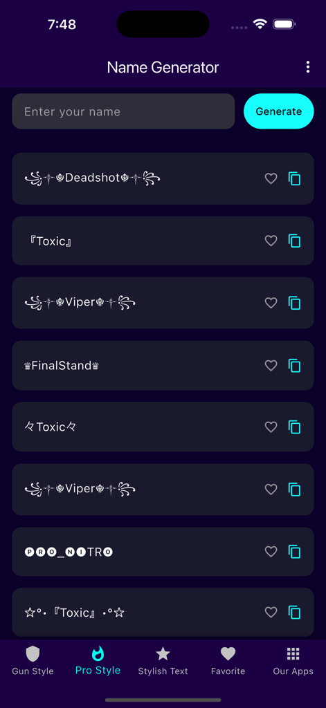 Name Generator For Games - Interface of the Name Generator For Games app showing a list of stylish pro gamer tags with symbols and special characters