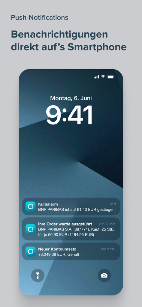 Consorsbank - Écran de verrouillage du smartphone affichant les notifications push de Consorsbank pour les alertes boursières et les transactions bancaires.