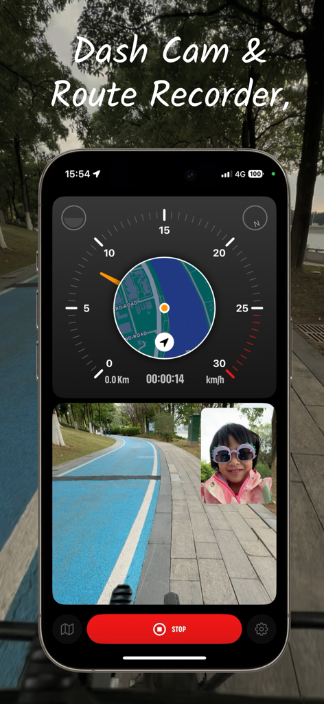 CycleHUD - speed route tracker - Tela do aplicativo CycleHUD com um painel de velocímetro e gravação de câmera de painel ao vivo de um caminho de ciclismo.