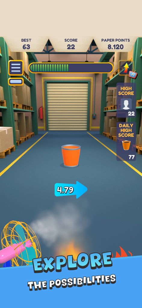 Paper Toss + - Captura de pantalla de jugabilidad de Paper Toss Plus con una papelera en un almacén con indicadores de velocidad del viento.