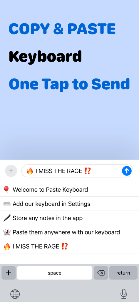 Copy Paste Keyboard: Auto Text - Interfaz de la aplicación Copy Paste Keyboard mostrando fragmentos de texto guardados listos para enviar con un solo toque