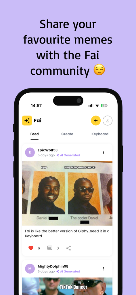 Fai: Free AI Meme Generator - 共有されたミームを示すFai AI Meme Generatorアプリのコミュニティフィード。