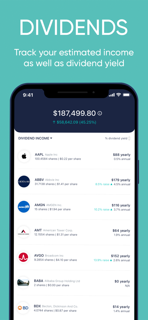 Dividend Tracker: Stock Market - Application Dividend Tracker affichant un portefeuille d'actions avec les revenus annuels et les rendements des dividendes