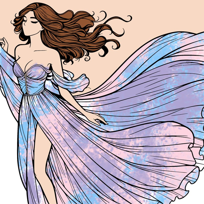 realistic woman in dress flowing the the wind