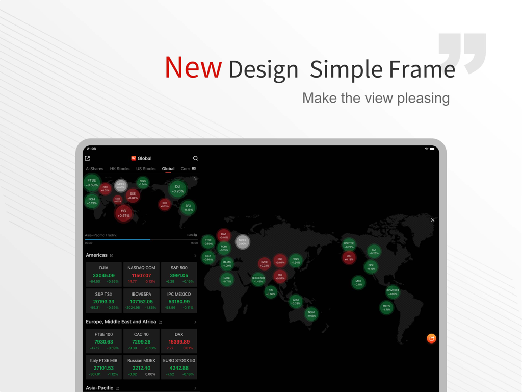Wind Financial Terminal HD on iPad featuring a global market world map and stock index performance data