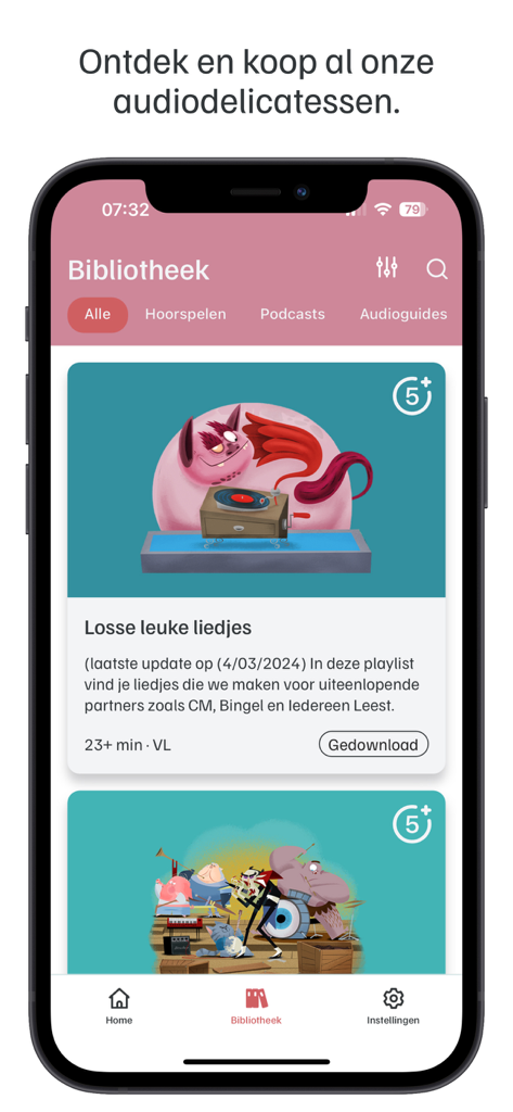 Geluidshuis app interface showing the audio library with categories for stories, podcasts, and songs for children