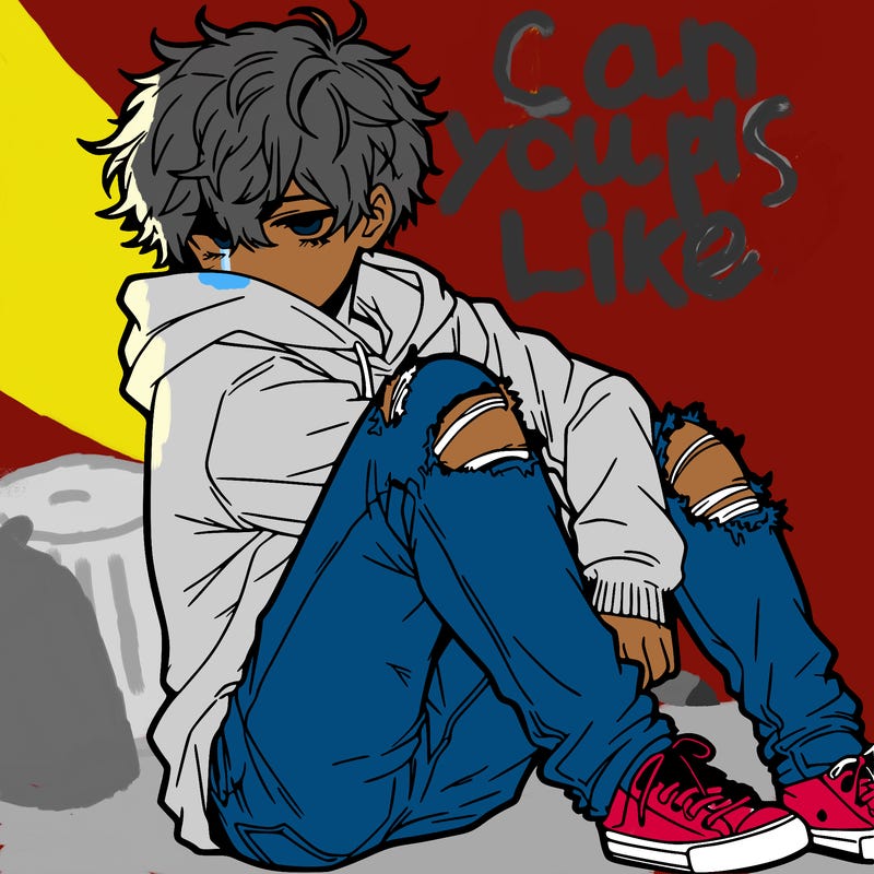 a male hoddie ripped jeans messy hair anime