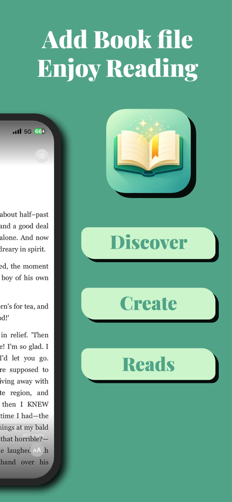 AI Story: Read & Book Tracker - User interface of the AI Story app featuring Discover, Create, and Reads options alongside a mobile e-reader screen.
