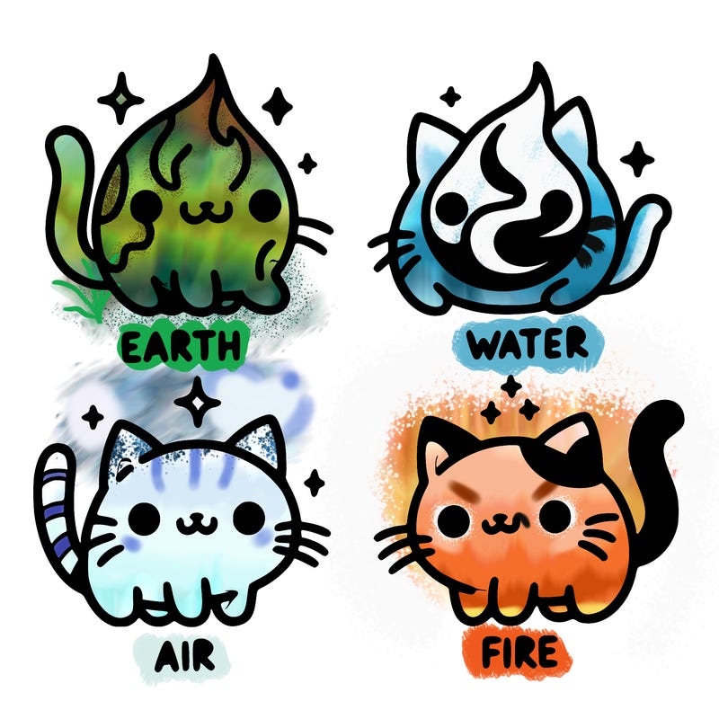 4 cats that represent the different elements, earth, water, air, and fire