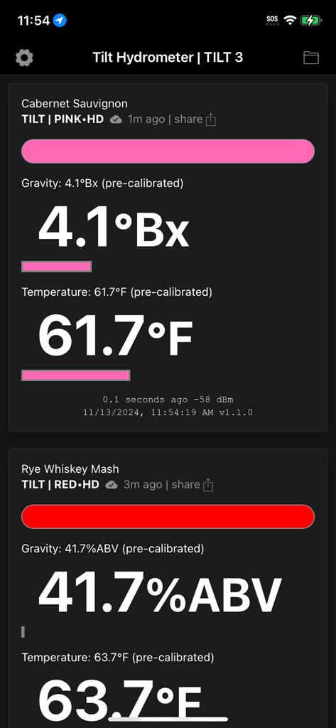 Tilt Hydrometer | TILT 3 - Tilt Hydrometer app dashboard showing real-time fermentation gravity and temperature data