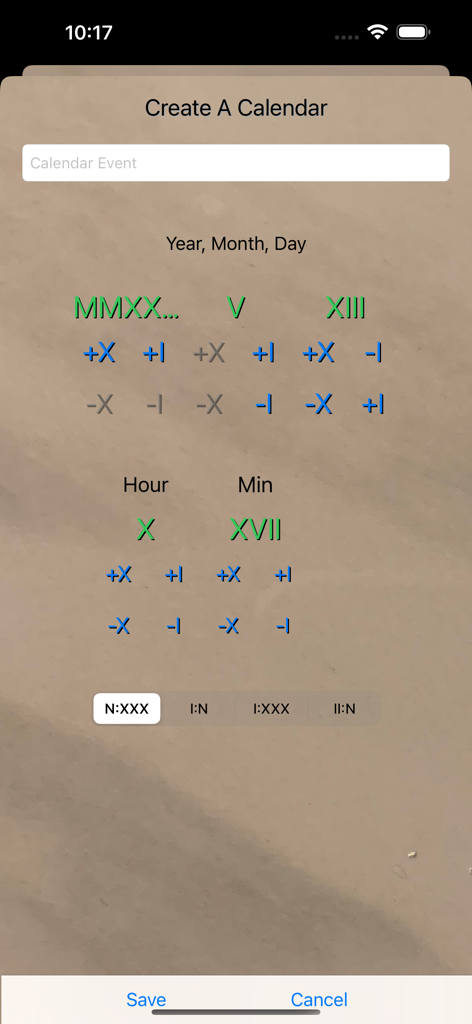 Roman Digital Clock - Interface para criar um evento de calendário com seletores de data e hora em numerais romanos.