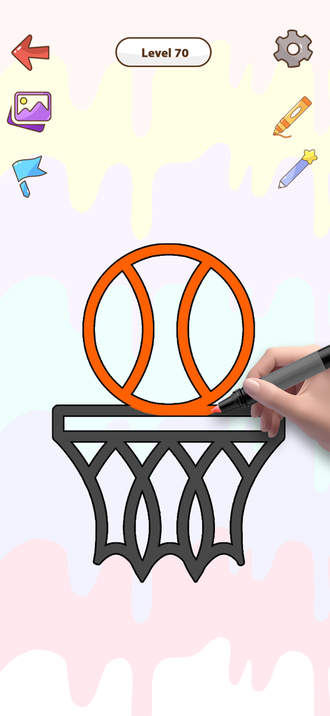 One Line Drawing:Draw It Games - Una mano usando un lápiz digital para dibujar una canasta de baloncesto y su aro en un puzzle de una sola línea