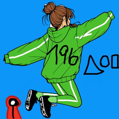 realistic girl jumping with a bun and oversized sweatshirt