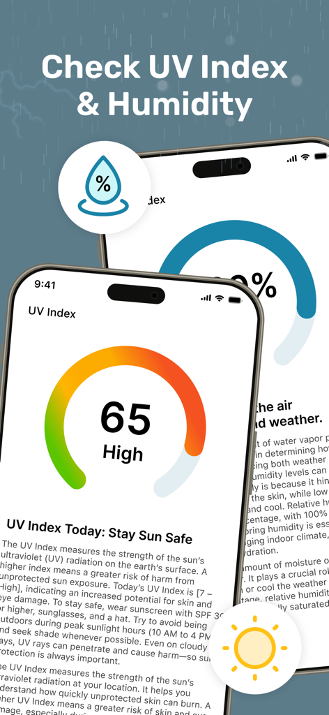 Room Temperature Check app interface displaying UV index and humidity monitoring features.