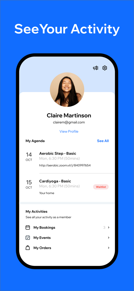 Mobile app interface showing a user profile with an agenda for fitness classes and activity tracking sections