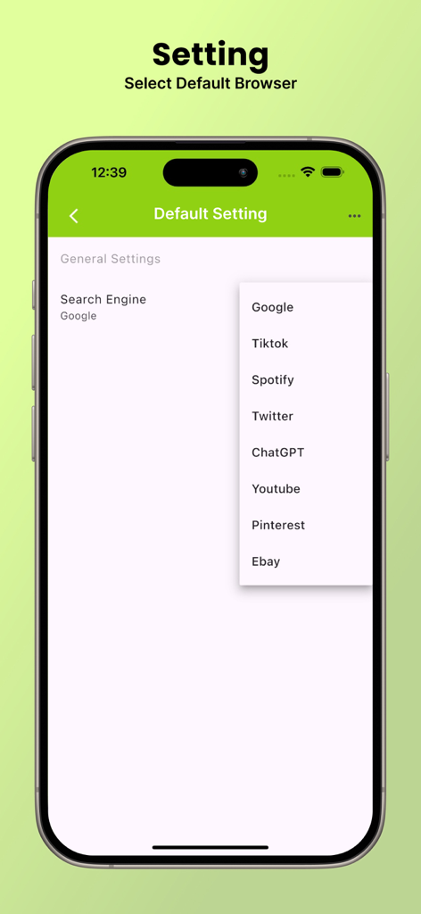 Savefrom browser - Savefrom browser app settings interface showing a dropdown menu to select a default search engine with options including Google, TikTok, and YouTube.