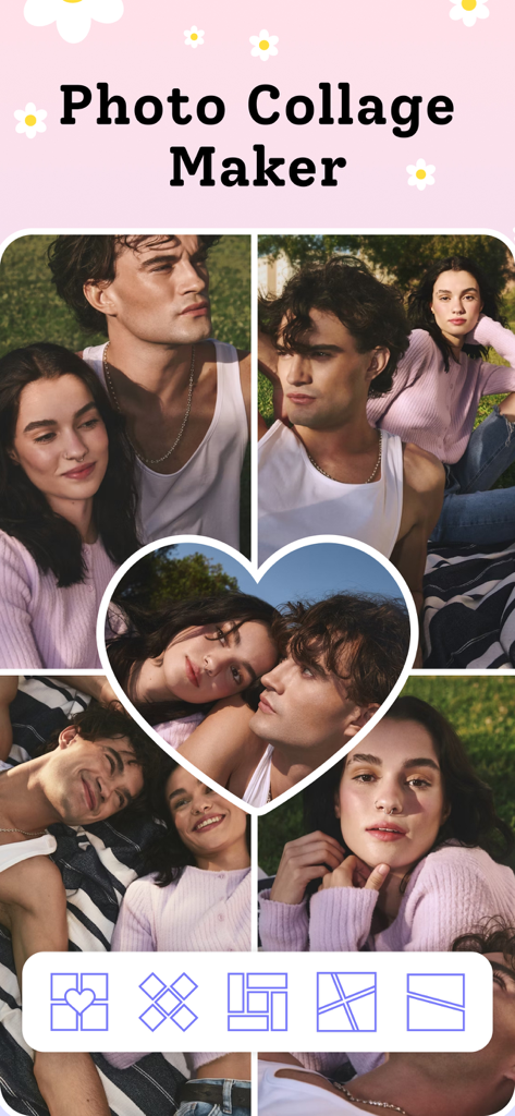 Collage Maker: DIY Wallpaper - A photo collage maker app showing a heart shaped frame and various grid layout options