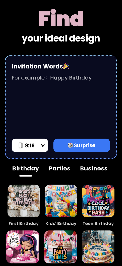 App interface showing various birthday invitation design templates for different ages
