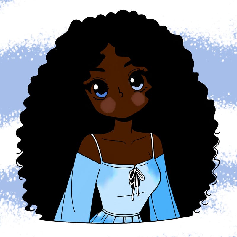 a black anime girl with long afro hair