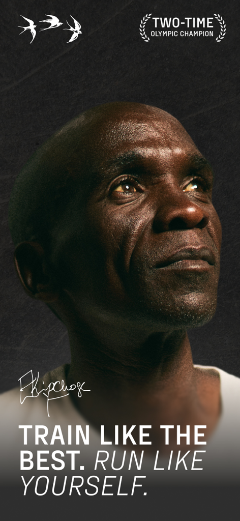 Eliud Kipchoge portrait with the Kotcha app slogan Train like the best Run like yourself