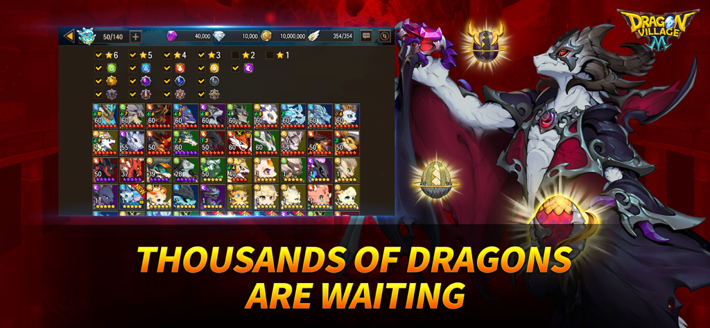 Écran de Dragon Village M montrant une vaste collection de dragons et un personnage de dresseur sombre tenant des œufs lumineux