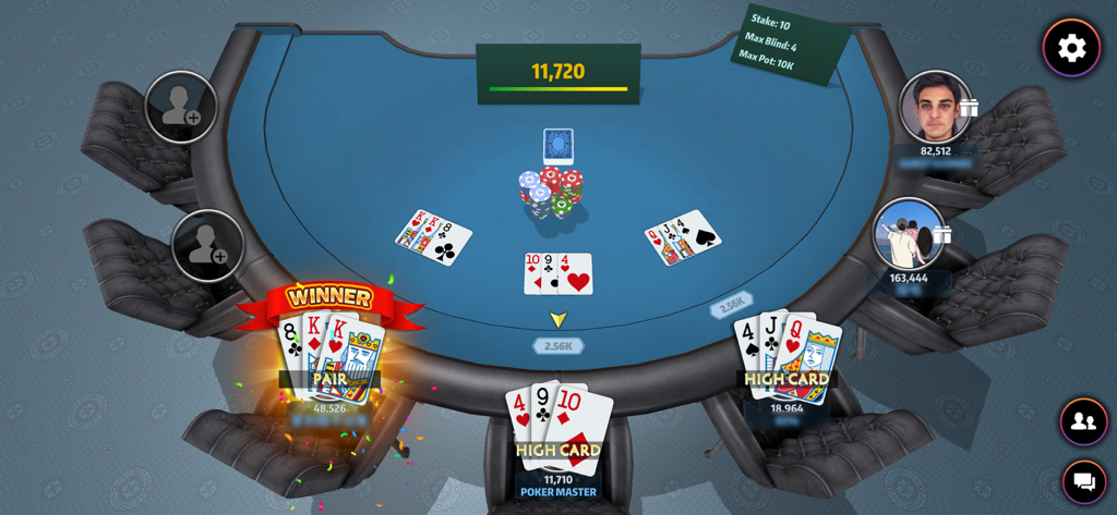 Poker Master - Texas Hold’em - A Texas Hold’em poker game on a virtual blue table with a player declared the winner for a pair of kings.