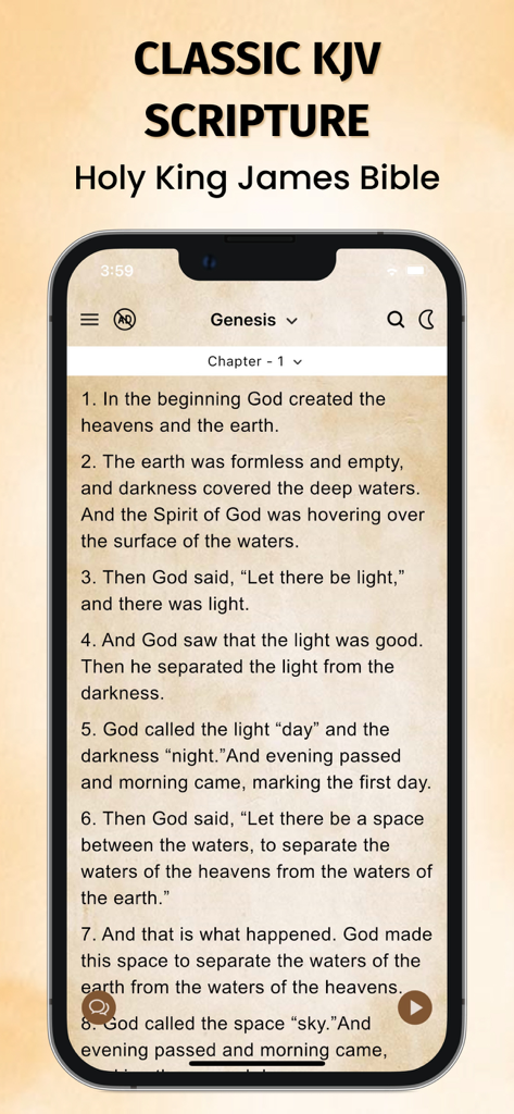 Scofield Reference Bible KJV - Screenshot der Scofield Reference Bible KJV App, der den Text von Genesis Kapitel 1 auf einem Smartphone zeigt