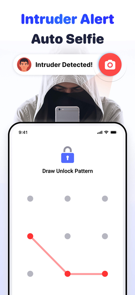 Calculator Lock - Hide Photos - Interfaz de la aplicación Calculator Lock que muestra una notificación de alerta de intruso y una pantalla de desbloqueo con patrón.