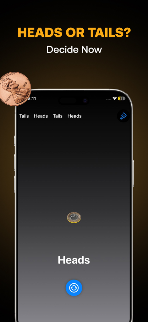Flip a Coin - Heads or Tails - Digital coin flip app interface showing heads result and toss history on an iPhone screen
