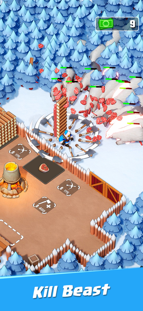 A survivor character defending a base by killing polar bears with spinning axes in the snow