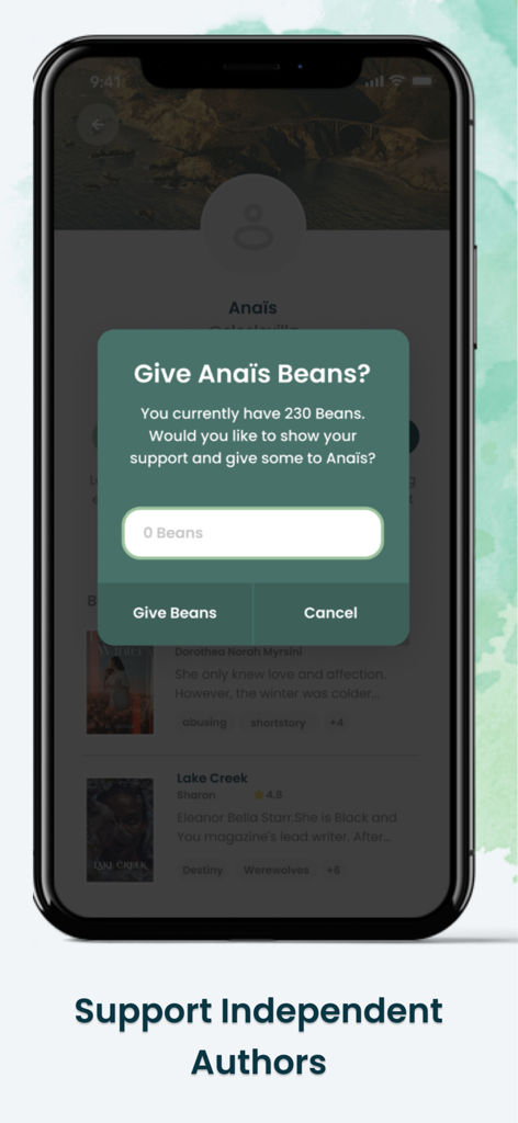 WeInk - A mobile app screen showing a popup to support an independent author by giving virtual beans.