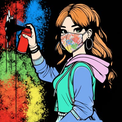 realistic girl with mask spray painting a wall
