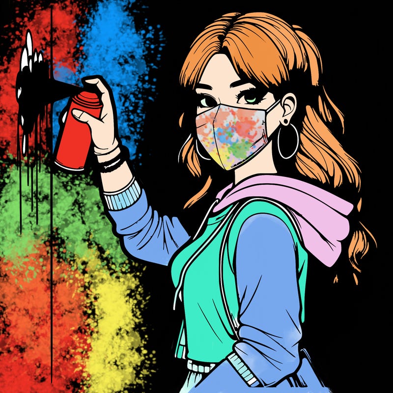 realistic girl with mask spray painting a wall