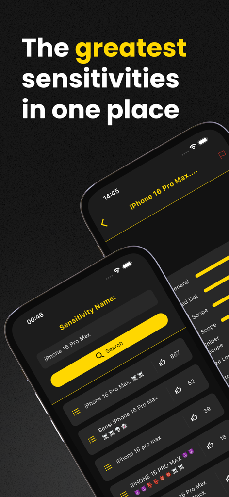Sensi Master - Interface de l'application Sensi Master montrant une liste consultable de paramètres de sensibilité de jeu pour l'iPhone 16 Pro Max.