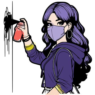 realistic girl with mask spray painting a wall