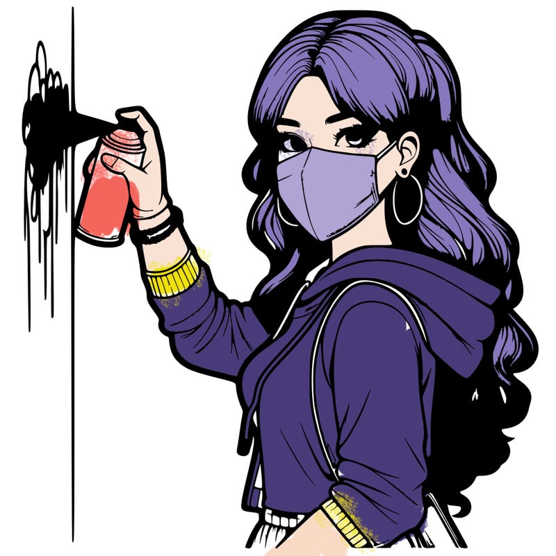 realistic girl with mask spray painting a wall