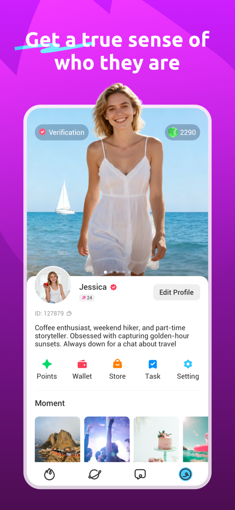 BlazeMe - Friends online - BlazeMe app screen showing a detailed user profile with photos and biography